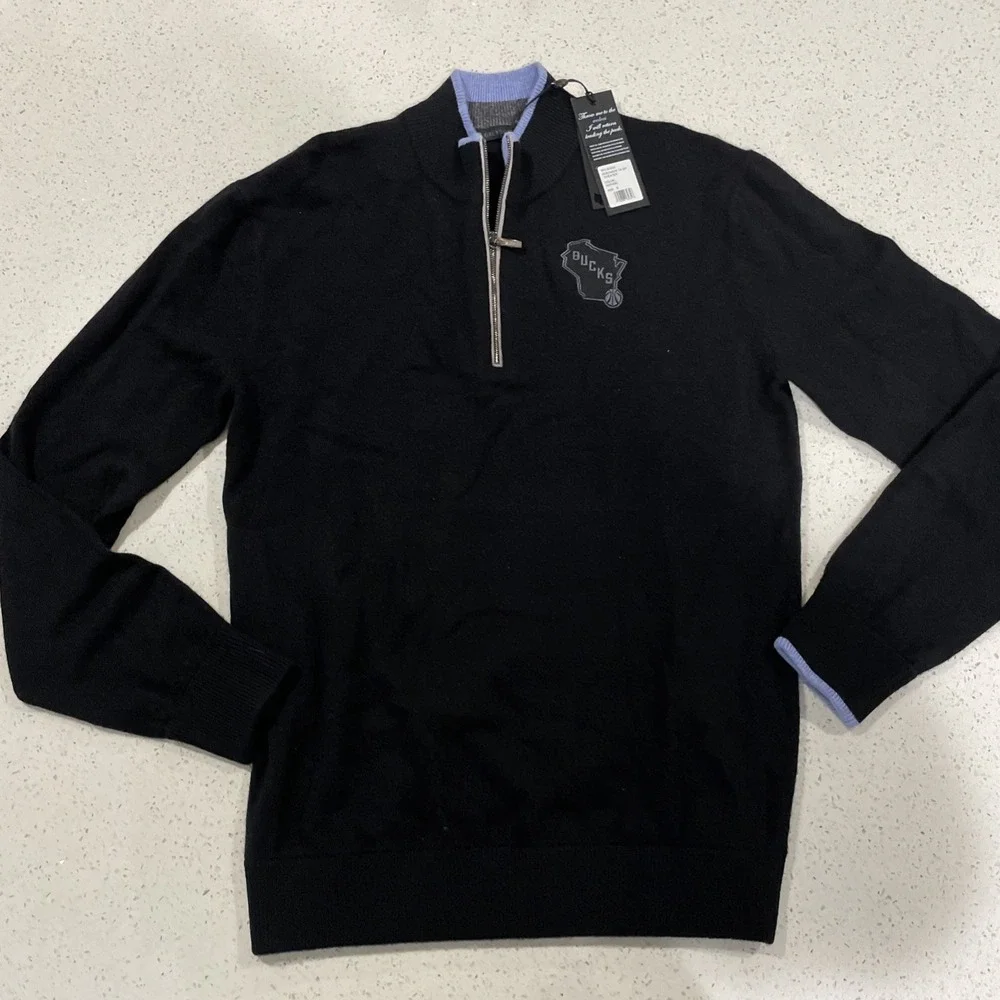 Greyson‎ Mens Small Sebonack Wool Cashmere 1/4 Zip Milwaukee Bucks Black Sweater